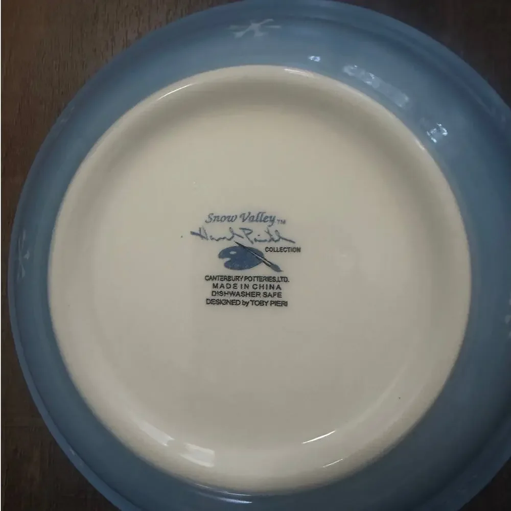 Hidden Valley Snow Valley Snowman Serving Bowl Blue White Winter Pottery